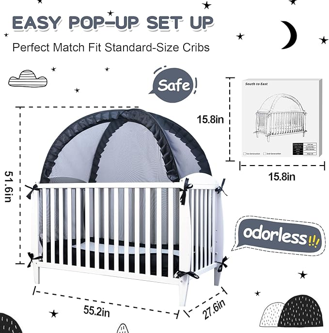South to East Crib Tent, Pop Up Safet Crib Net to Keep Baby from Climbing Out, Breathable & Skin-Friendly Mesh Crib Cover, Strong and Firm X Metal Frame, Mosquito Netting for Baby, Black