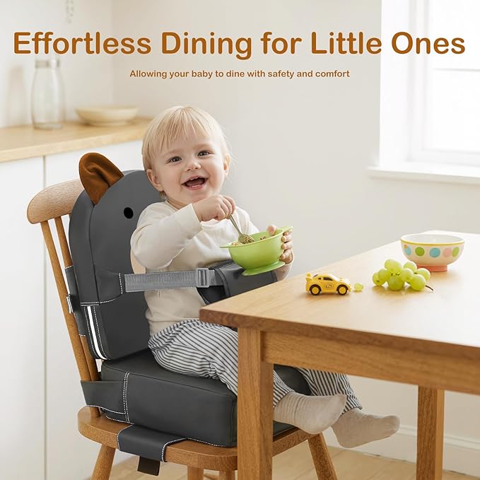 Booster Seat for Kitchen Chair, Toddler Kids Booster Seats for Dining Table with Backrest and Adjustable Strap, Portable PU Waterproof Travel Baby Booster Increasing Cushion (Dark Grey, OneSize)