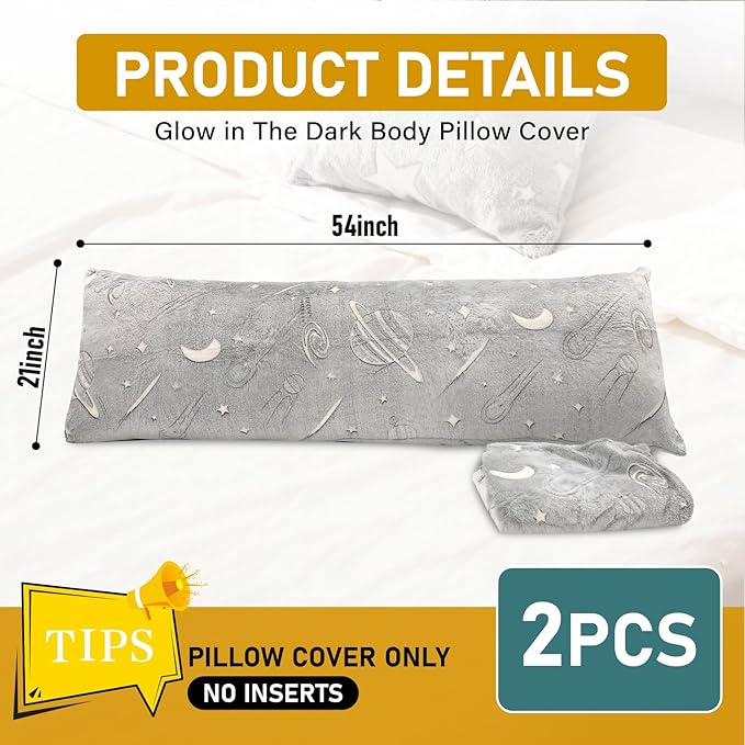 2PCS Glow in The Dark Body Pillow Cover 21x54 Inches Soft Plush Pillowcase Set with Starlit Sky Pattern Grey Long Pillow Cover with Side Zipper