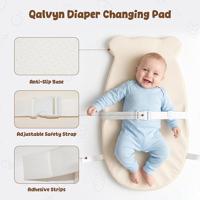 Baby Diaper Changing Pad with Wipeable & Waterproof PU Cover, Contoured Baby Changing Pad for Dresser, Non-Slip Changing Table Pad with Adjustable Strap, Cushioned Contoured Foam