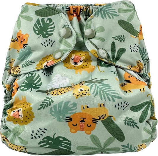 BISENKID Waterproof Cloth Diaper Cover Reusable Swim Diaper - Adjustable Outer Shell Over an Absorbent Inner Layer to Prevent Urine Blowouts - Outer Lion, Size 1 (7-17lbs)