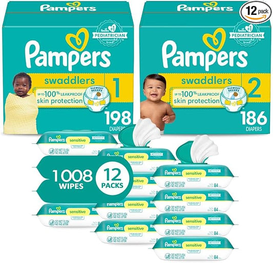 Pampers Baby Diapers and Wipes Starter Kit - Swaddlers Disposable Diapers Sizes 1 (198 Count) & 2 (186 Count) With Sensitive Water Based Wipes 12 Flip-Top Packs (1008 Total)
