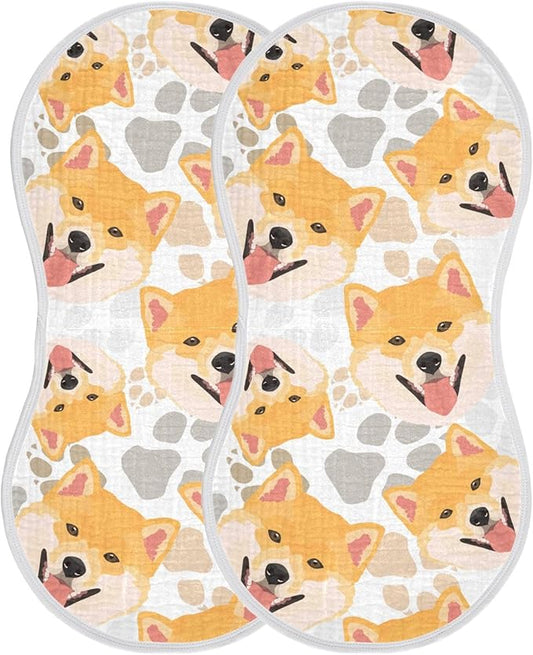 Muslin Burp Cloths for Baby Boys and Girls - 2-Pack Ultra Absorbent Shiba Inu Dog Muslin Washcloths, Newborn Towel, Milk Spit Up Rags, Burp Cloth Bibs for Unisex, 22 x 11 Inch