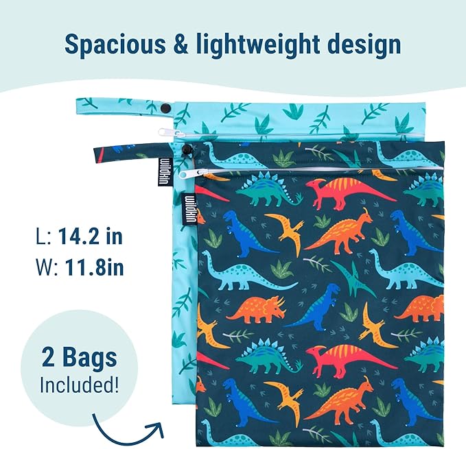 Wildkin Wet Bag Set for Boys, & Girls – Durable Zipper with Snap Loop Handle, Reusable Water-Resistant Bags for Beach, Pool, Travel & Gym - Jurassic Dinosaurs