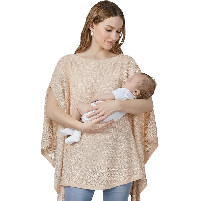 Knit Nursing Cover Up for Breastfeeding, Soft & Cozy Breastfeeding Poncho with Dual Side Slits, 360° Full Privacy Nursing Shawl with Laundry Bag, Beige