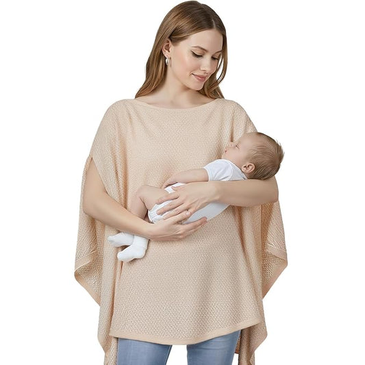 Knit Nursing Cover Up for Breastfeeding, Soft & Cozy Breastfeeding Poncho with Dual Side Slits, 360° Full Privacy Nursing Shawl with Laundry Bag, Beige
