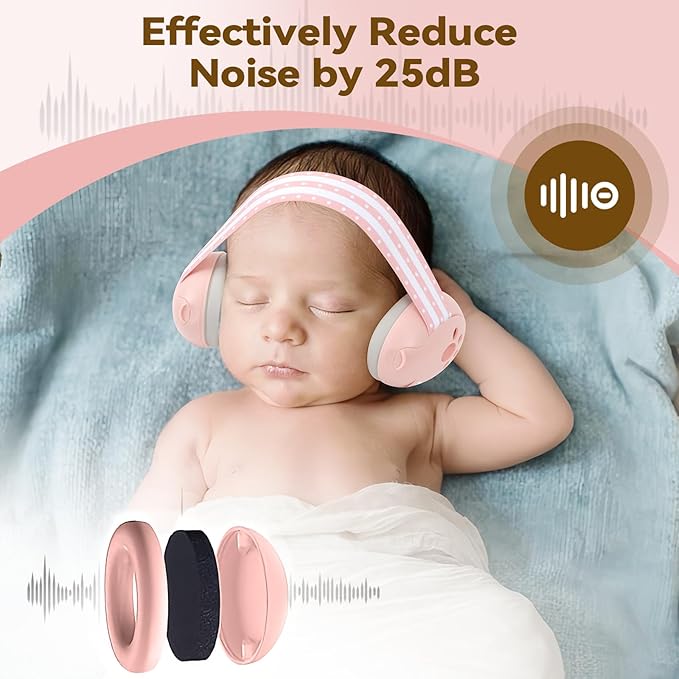 Baby Ear Muffs Noise Protection, 2-In-1 Baby Noise Cancelling Headphones for 0-48 Months Infants Toddlers, Travel Essentials for Airplane Fireworks Sleeping Pink
