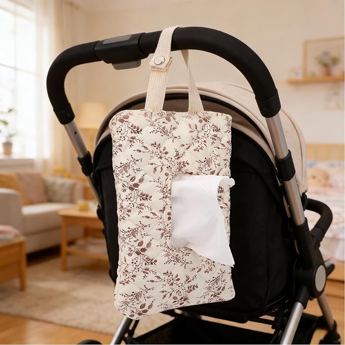 Quilted Wipes Pouch, Fillable Floral Baby Wipe Holder Cover with Lanyard Portable Mommy Bag for Stroller Travel Stroller Daily Casual (Brown)