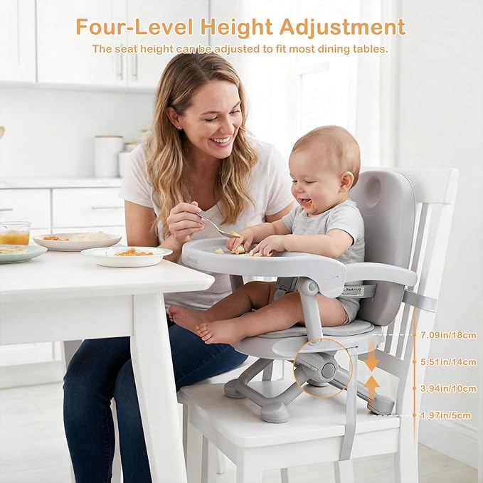 Baby Booster Seat for Dining Table with Removable Tray & Cushion, 3in1 Portable Toddler Booster Seat, 4 Height Adjustable Travel High Chair for Babies and Toddlers