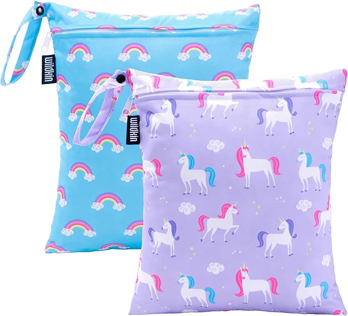 Wildkin Wet Bag Set for Boys, & Girls – Durable Zipper with Snap Loop Handle, Reusable Water-Resistant Bags for Beach, Pool, Travel & Gym - Unicorn