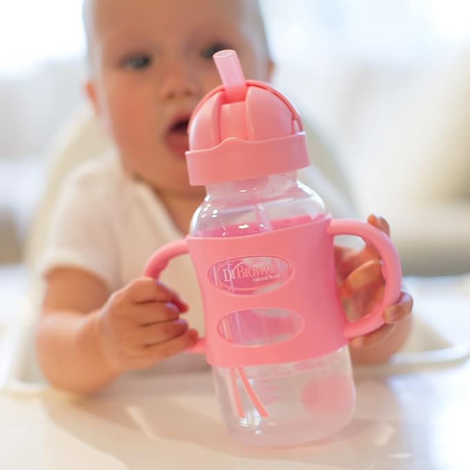 Dr. Brown's Milestones Wide-Neck Sippy Spout Bottle with 100% Silicone Handles & Milestones Wide-Neck Sippy Straw Bottle with 100% Silicone Handles and Weighted Straw, 9 oz/270 mL, Pink, 6m+
