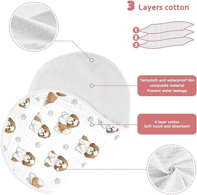4 Pack Muslin Burp Cloths Shih Tzu Dogs White Cotton Baby Burp Cloths Absorbent Soft Burping Cloth Washcloths for Newborn Boys Girls 22x11 Inch