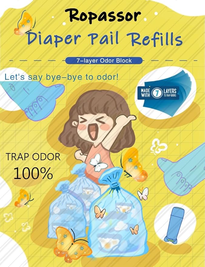 Diaper Pail Refill Bags for Munchkin Step Diaper PailGenie & Complete/Expressions (1120count) 4 Packs, 7-Layer Odor-Absorbing, Comes with One Disposable Diaper Poop Bags