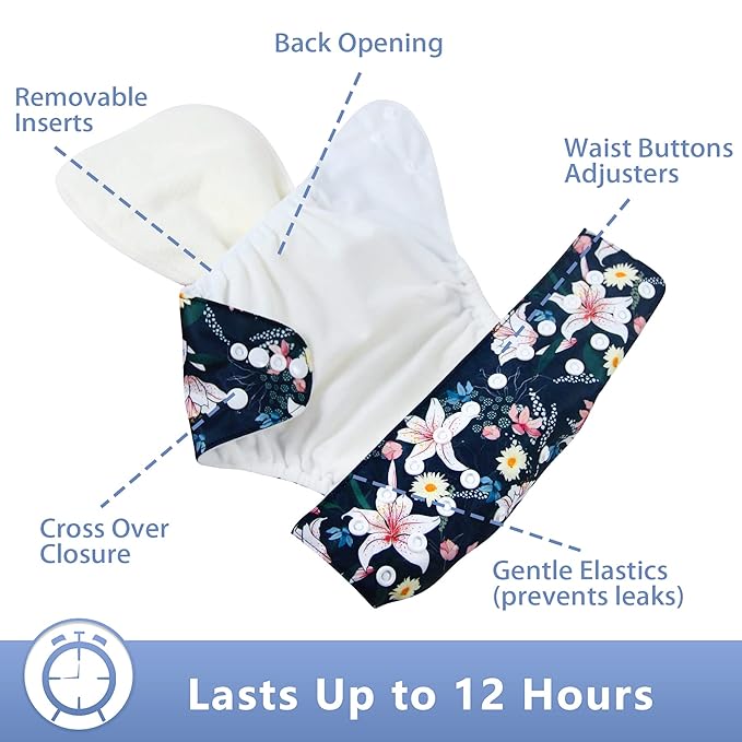 Leekalos Cloth Diapers Reusable for Boys and Girls, Baby Diaper Cloth with Inserts & Wet Bag One Size