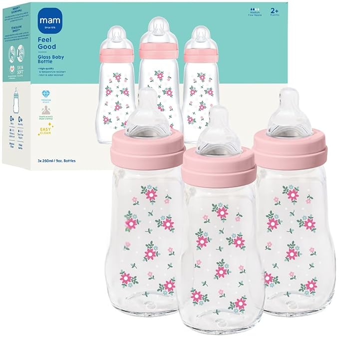 MAM 9oz Premium Glass Wide Neck Baby Bottle with Medium Flow Breastfeeding-Like Silicone Nipple, Easy to Clean, BPA Free, 2+ Months, Easy Switch Between Breast and Bottle, Made in Europe, 3 Pk, Pink