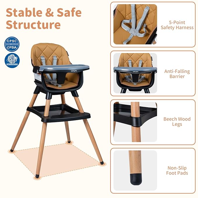 BABY JOY 8-in-1 High Chair, Convertible Wooden Highchairs for Babies and Toddlers | Dining Booster Seat | Toddler Stool, Double Removable Tray, 5-Point Safety Harness & Waterproof PU Cushion (Coffee)