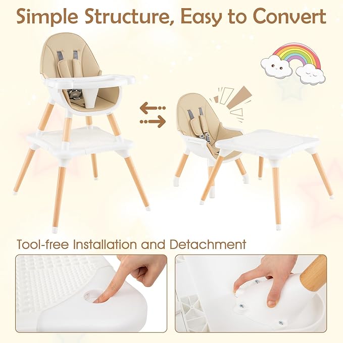 GLACER High Chair, 6-in-1 Convertible Wooden High Chairs for Babies and Toddlers w/Building Block Table, 5-Point Safety Harness, Removable Tray, PU Cushioned Baby High Chair for 6-36 Months (Khaki)