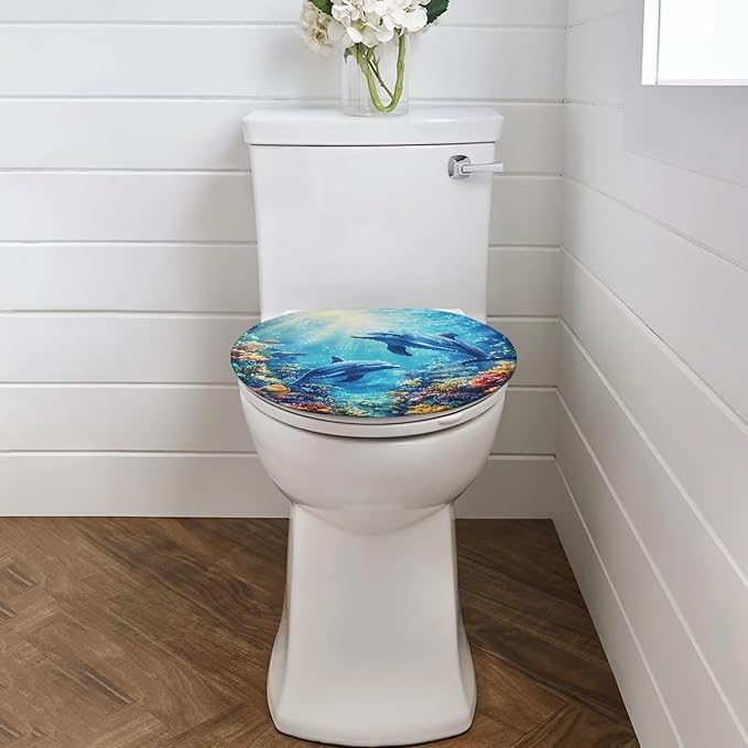 Toilet Seat Covers for Bathroom Dolphin Toilet Lid Covers Soft Flannel Fabric Breathable Toilet Lid Cover Elongated Toilet Seat Covers Decoration Blue