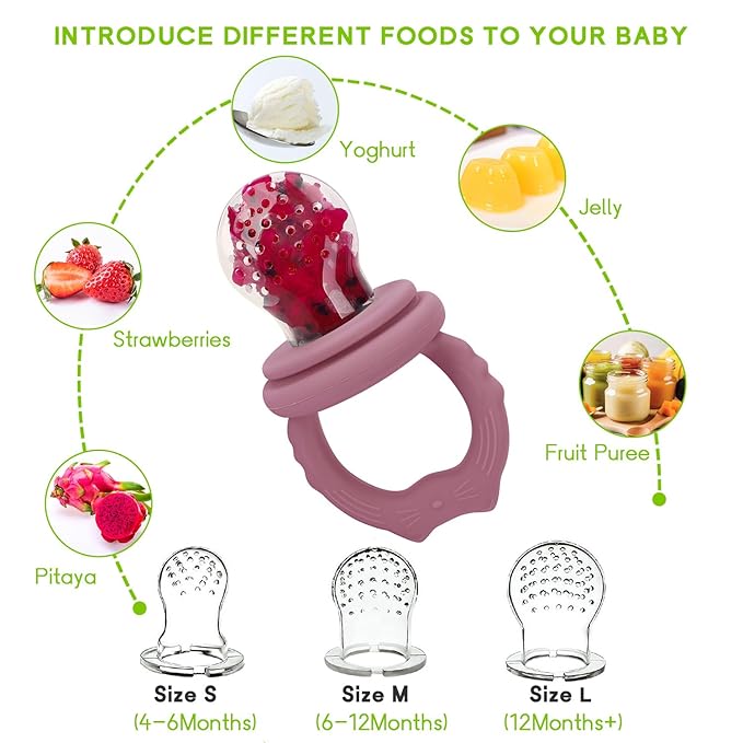 Socub 2 Pack Mesh Fruit Food Feeder Teether, Silicone Frozen Feeders for 3M+ Baby Safe Self Feeding, 3 Sizes Food Pouches Included, Suitable for Babies Teething Relief (Rose, Dusty Lilac)