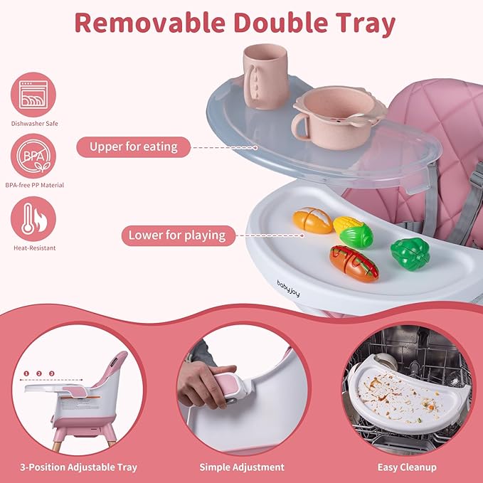 BABY JOY 8-in-1 High Chair, Convertible Wooden Highchairs for Babies and Toddlers | Dining Booster Seat | Toddler Stool, Double Removable Tray, 5-Point Safety Harness & Waterproof PU Cushion (Pink)