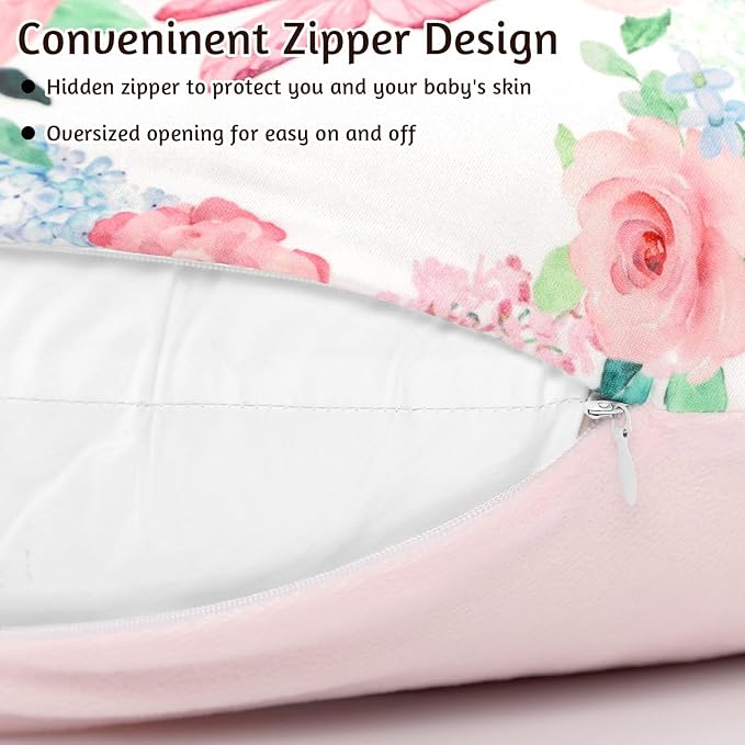 Nursing Pillow Cover 1 Pack, Removable Nursing Pillow Cover for Breastfeeding Pillows, Super Soft Comfortable Slipcover for Boy and Girls, Pink & Flowers