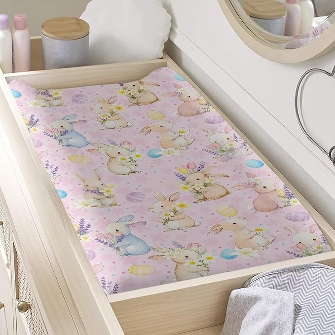 Rabbit Changing Table Pad Cover Easter Baby Changing Pad Cover Pink Baby Girl Nursery Decor Eggs 32''*16'' Diaper Changing Cover