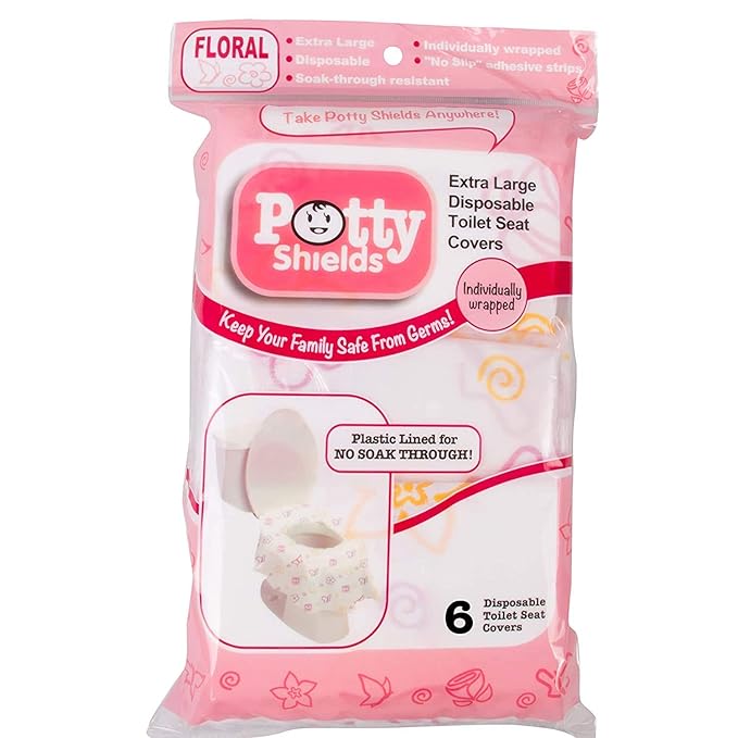 Potty Shields Toilet Seat Covers Disposable (6 Pack, Floral) - XL Waterproof Toilet Cover for Toddlers, Kids & Adults - Portable & Individually Wrapped for Travel, Potty Training & Public Restrooms