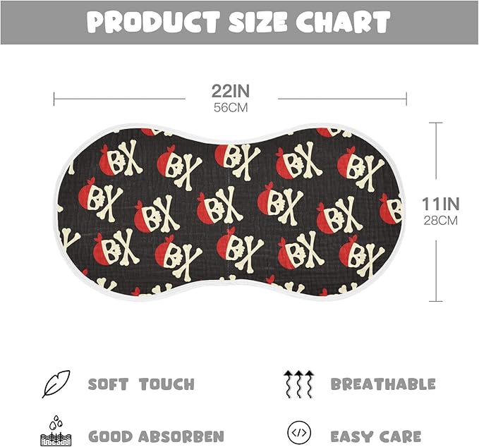 Muslin Burp Cloths for Baby Boys and Girls - 1-Pack Ultra Absorbent Pirate Skull Muslin Washcloths, Newborn Towel, Milk Spit Up Rags, Burp Cloth Bib for Unisex, 22 x 11 Inch