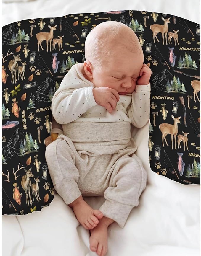 Fishing Hunting Life Baby Nursing Pillow Covers for Boy Deer Bass Fish Animal Nursing Slipcovers for Breastfeeding Pillows Nature Lover Gift Soft Stretchy Removable Cover for Newborn Infant