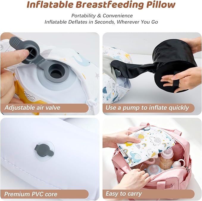 KAKIBLIN Nursing Pillow, Inflatable Breastfeeding Pillows, Hands-Free Feeding Pillow for Back Pain Relief with Waist Strap, Travel Nursing Pillow, Breastfeeding Bottle Support for Baby Girl Boy