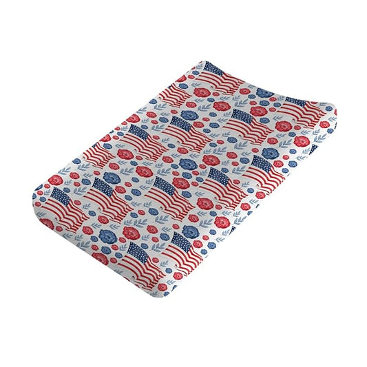 American Flag Blue Red Floral Diaper Changing Pad Covers for Boy Girl 32''x16'' Patriotic 4th of July Unisex Fitted Change Table Sheets Independence Day Soft Breathable Baby Changing Table Mats White