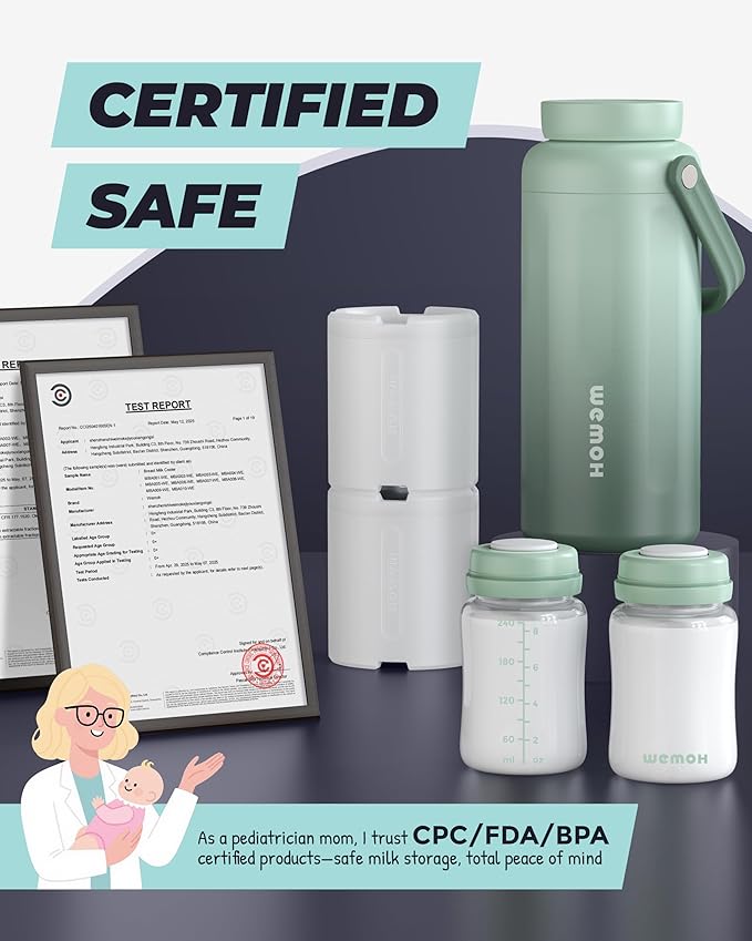Breast Milk Cooler Bottle - 12H+ Ice-Cold/24H Safe Storage, Compatible with Spectra Pumps, TSA Approved Travel Chiller, 18oz (2x9oz) Lightweight Leakproof Container for Work, Green