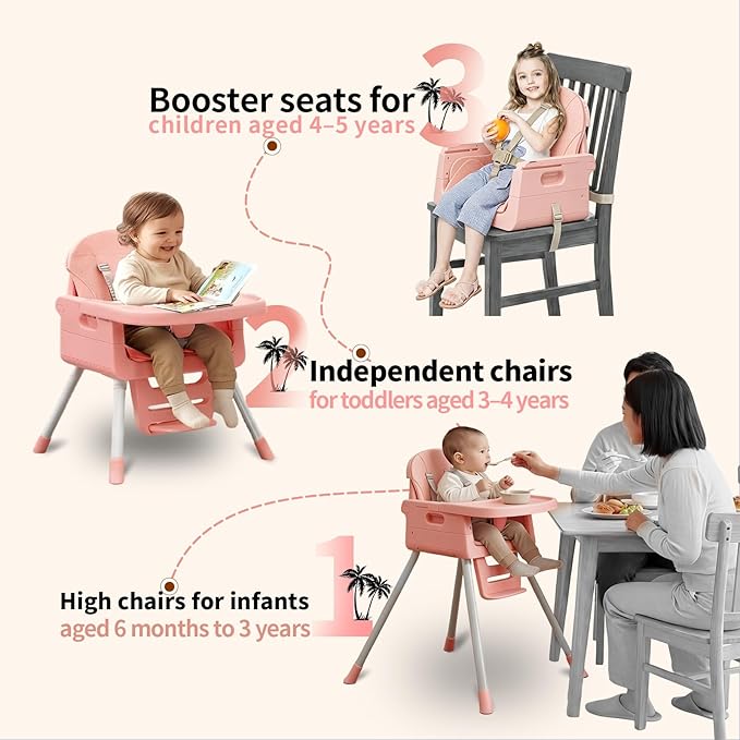 Portable High Chairs for Babies and Toddlers, Convertible Baby Feeding Chair with Tray, Easy Clean High Chair for Toddler with Foot Rest, Infant Highchairs & Booster Seats with Cushion Pink