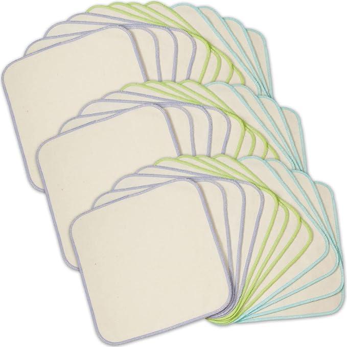 OsoCozy Organic Flannel Cloth Baby Wipes - Reusable & Washable Saves Money. 100% Unbleached Organic Cotton. Colorful Stitching. 9 x 9 Inches Each and 3 Pack of 12 Per Package