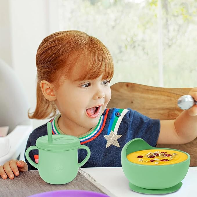 100% Silicone baby feeding set,BPA free Baby dishes set with Suction Bowl Divided Plate,Toddler Self Feeding Dish Set with Spoons Forks Sippy Cup And Bib, Baby Eating Utensils (Neon Green)