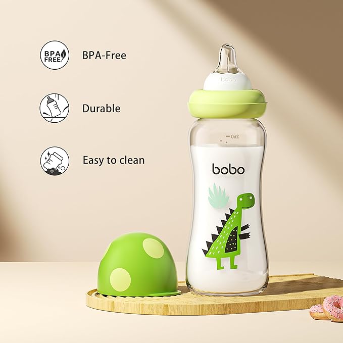 YOHKOH Natural Glass Baby Bottle with Level 2 Medium Flow Nipple, Newborn Anti-Colic Baby Bottles, Wide Neck Mushroom Baby Glass Bottle (8.8ounce (Pack of 4), Green2)