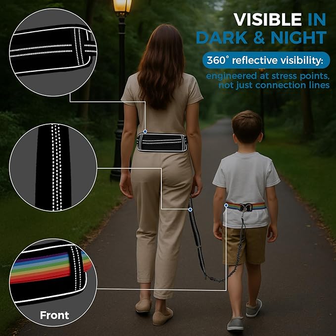Waist Leash Harness with Soft Cushion for Autism Special Needs ADHD/ASD Children, Hands Free Safety Walking Harness with Light Reflector and 3 Padded Handles, Kids Adjustable Elopement Tether Leash