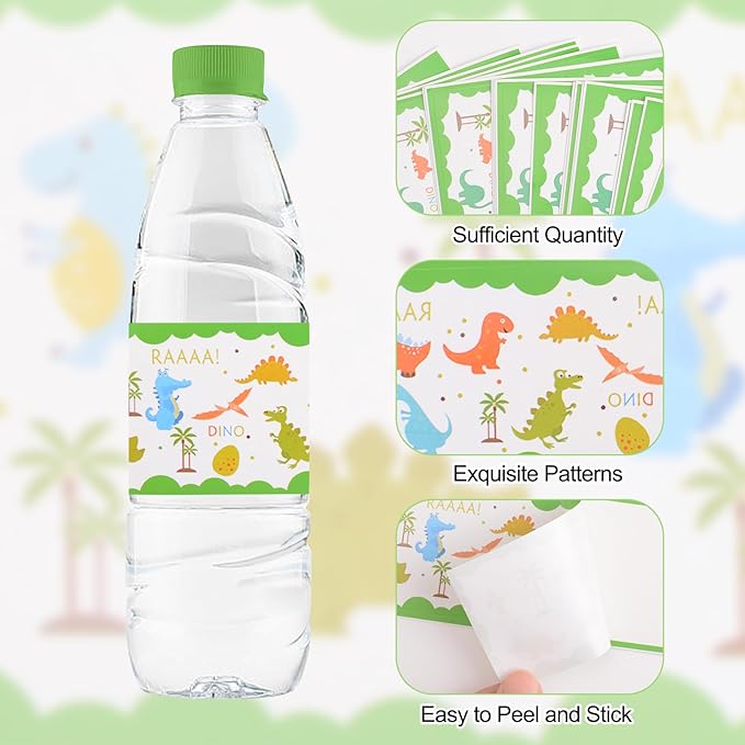 48 Pcs Dinosaur Baby Shower Water Bottle Labels Waterproof Water Bottle Wrappers Green Animal Water Bottle Stickers Baby Shower Bottle Wraps Decorations for Birthday Party