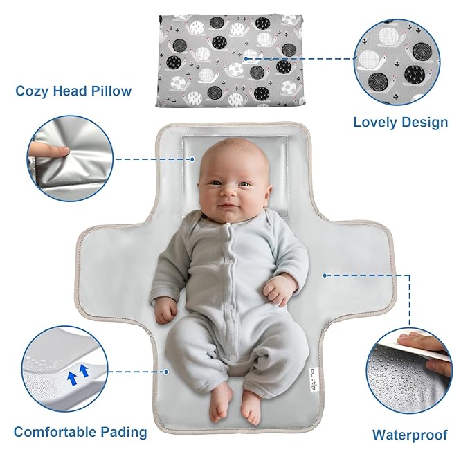 Cute Snail Portable Diaper Changing Mat,Waterproof Foldable Travel Changing Pad,On-The-Go Wipeable Reusable Changing Pad – Waterproof & Compact,for Diaper Bags,Travel,Car Backseat Changes,Strollers