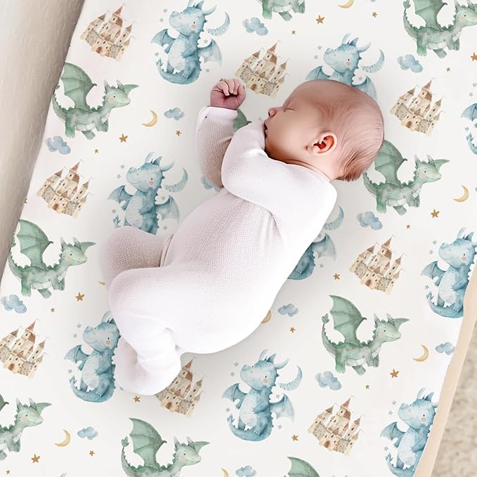 Cute Watercolor Dragon Castle Pattern Baby Changing Pad Cover, Unisex Dragon Moon Star Cloud Nursery Diaper Changing Table Pad Mat Sheet for Boys Girls-16x32