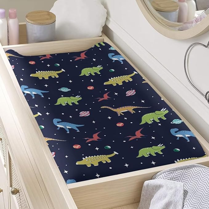 Dinosaur Changing Pad Cover Sheets Portable Changing Pad Covers Fit 32 x 16 Inch Baby Nursery Diaper Change Table Liners Mats for Boys, One Size