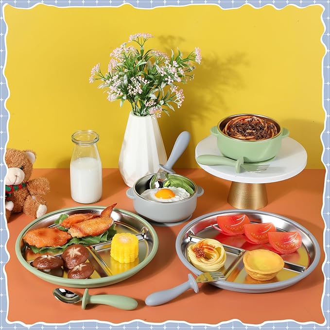 Nuogo 8 Pcs Stainless Steel Kids Plates and Bowls Set with Suction Stainless Steel Baby Plate, Toddler Bowls, Forks, Spoons with Removable Silicone Suction Silicone Baby Feeding Set, Dishwasher Safe