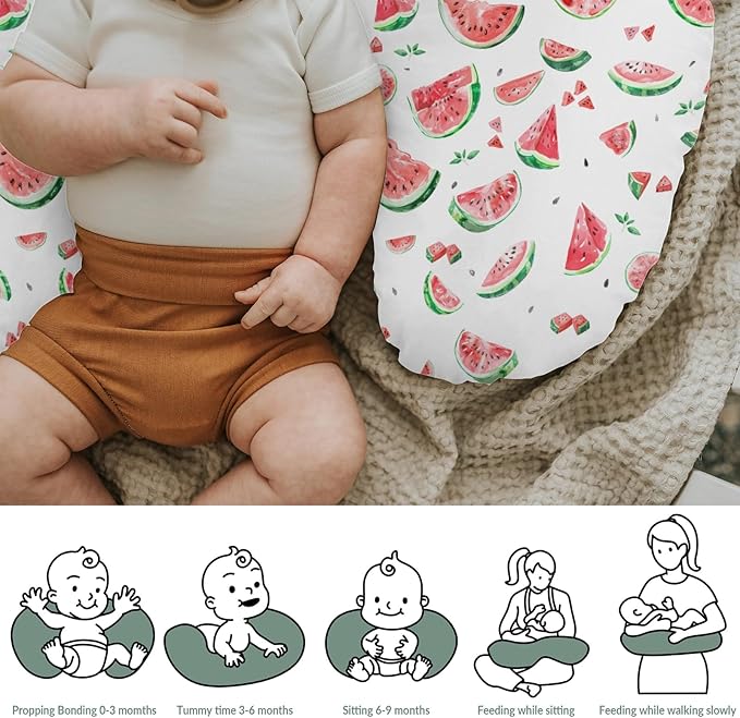 Watermelon Bites Leaves Baby Nursing Pillow Covers for Boy Girl Tropical Summer Fruits Nursery Pillowcase for Breastfeeding Pillows Boho Beach Vacation Soft Stretchy Slipcovers for Newborn Infant