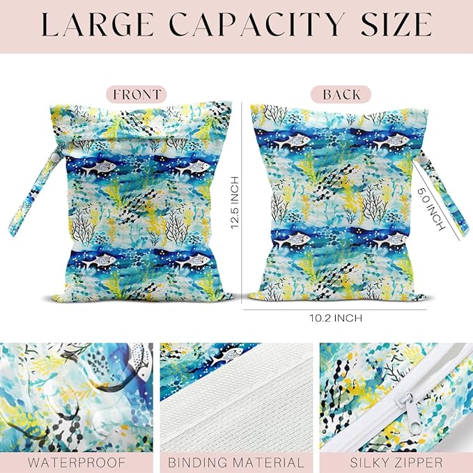 Wet Bag for Swimsuit, Beach Travel Essentials Wet Dry Bag, for Sunscreen Toiletry Dirty Clothes Yoga Gym Diaper, Friends Summer Beach Vacation Gifts. fish seaweed