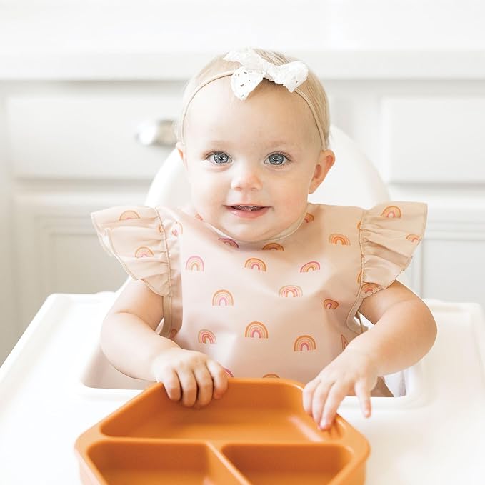 Tiny Twinkle Mess Proof Baby Bibs | 2 Pack Waterproof Toddler Bib for Eating | Baby Apron for Feeding, Machine Washable, Perfect Shower Gift (Boho Rainbow,Petite Safari, 6–24M)