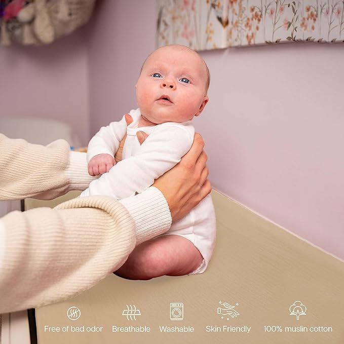 Mi Flor 2 Pack Muslin Changing Pad Cover 16x32x5 inches – Ultra Soft CPC Certified Baby Changing Table Cover with Elastic Corners, 360° Fit, Lightweight, Breathable, Fits Most Changing Pads