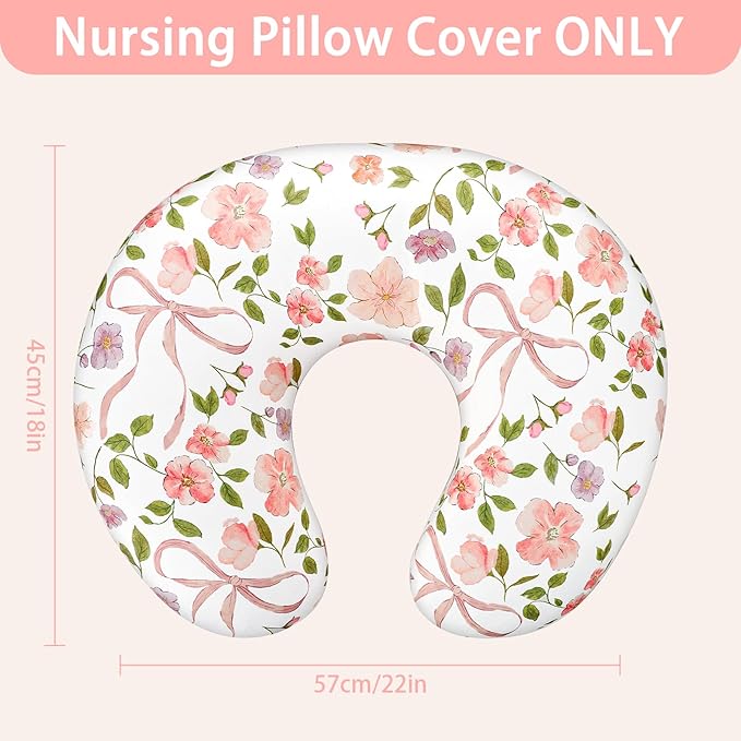 TANOFAR Nursing Pillow Cover, Stretchy Removable Breastfeeding Pillow Cover, Ultra Soft Snug Fits On Newborn Feeding Pillow Case for Baby Girls, Pink Bow