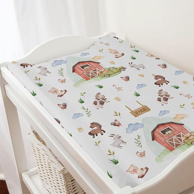 Baby Farm Life Changing Pad Cover for Boy Girl 32''x16'' Farm Animals Pig Goat Horse Cow Chick Rooster Duck Leaves Barn Truck Fitted Changing Pad Sheets Soft Breathable Diaper Change Table Mats