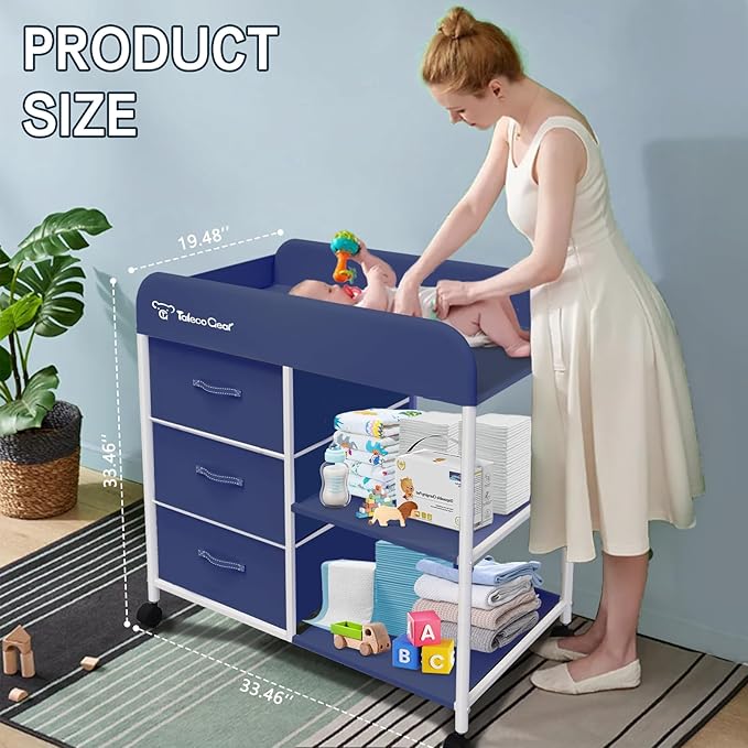 Baby Changing Table, Portable Changing Table, Diaper Changing Station with Waterproof Pad, Changing Table Dresser with 3 Storage Baskets, Mobile Nursery Organizer for Newborn Essentials