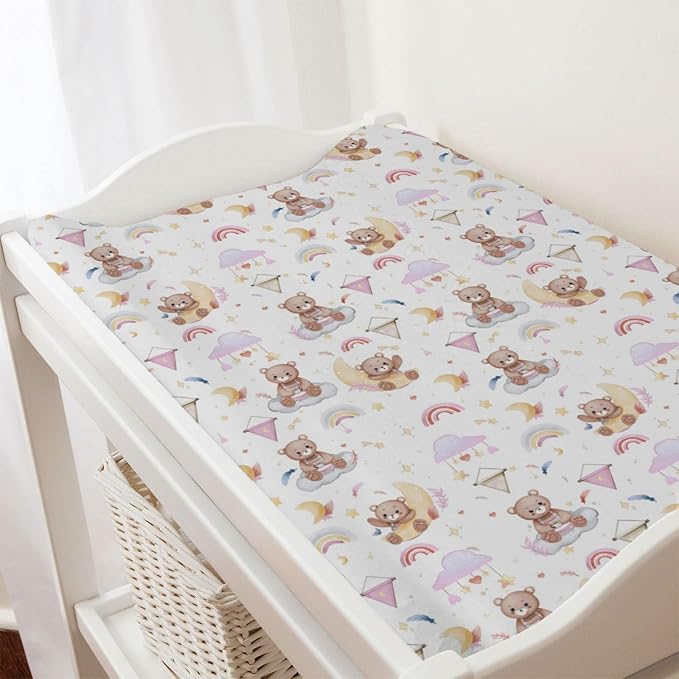 Cartoon Cute Bear Girl Changing Pad Covers Pink Bear Rainbow Moon Stars Clouds Leaf Baby Change Table Sheets Cover for Boys Girls Soft Stretchy Diaper Changing Table Mats 32''x16''